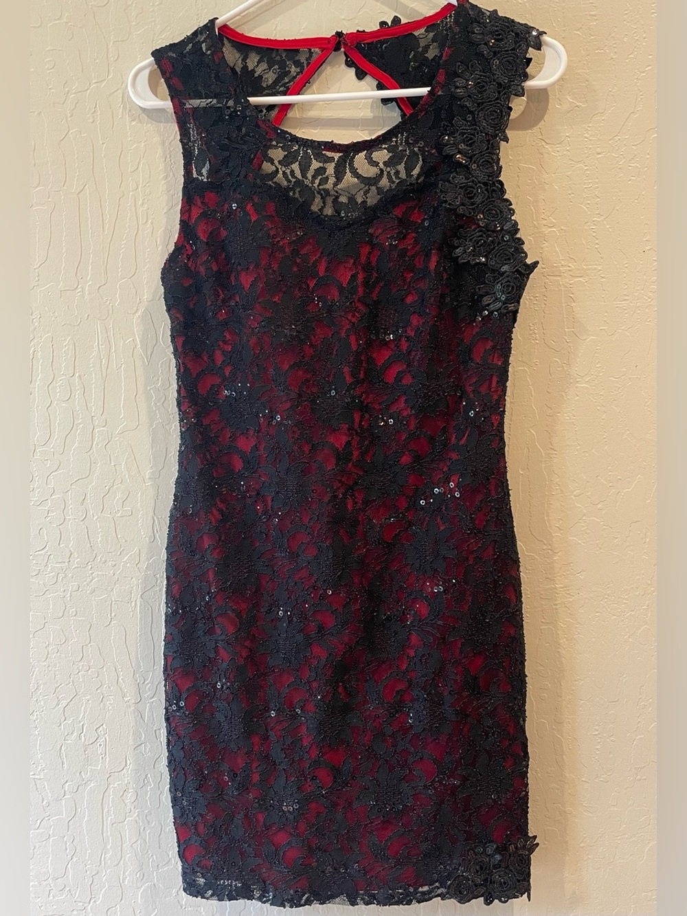 Black Lace Midi Dress with Red Underlay